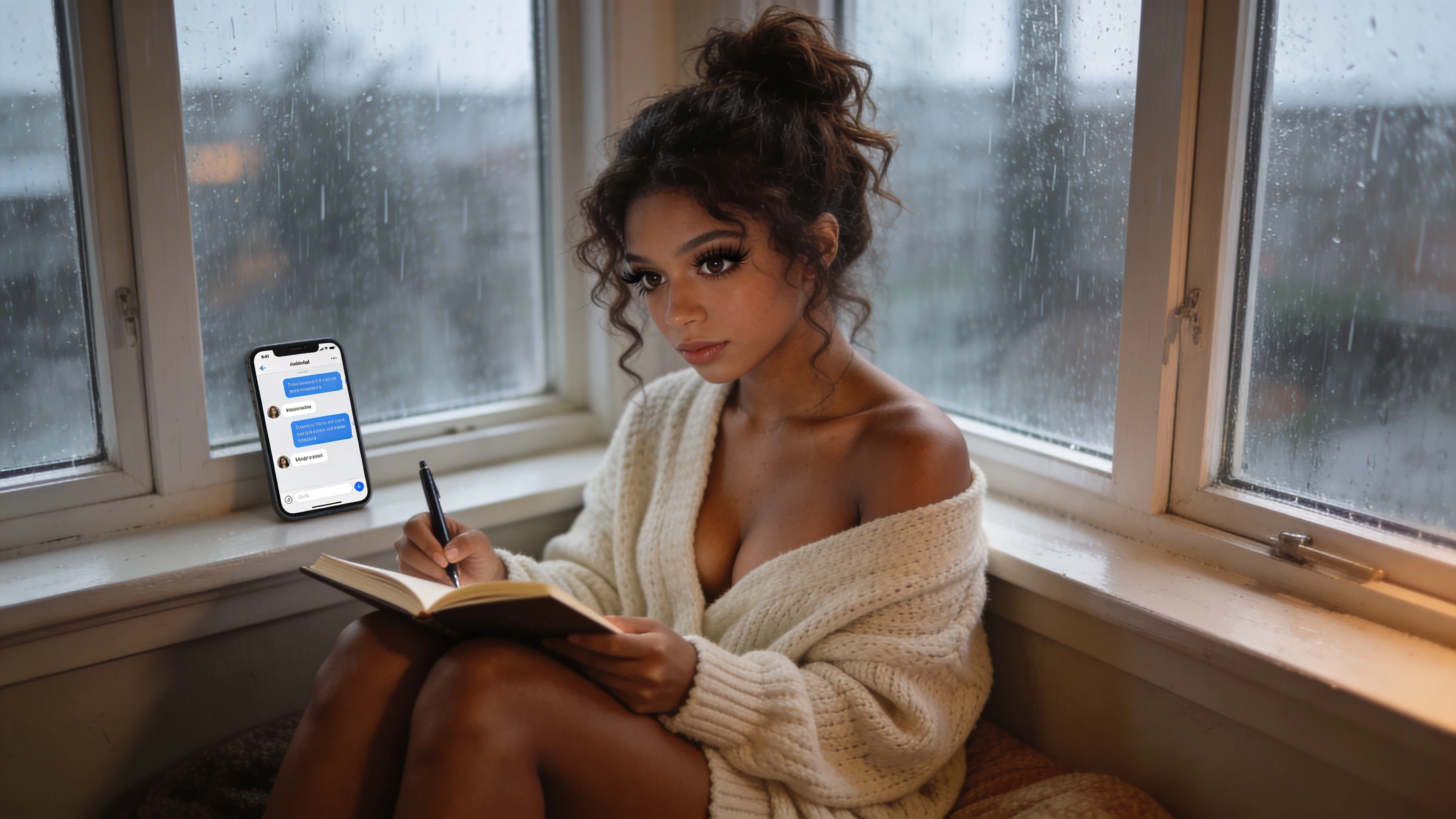 Thoughtful woman journaling and reflecting by a window with her phone nearby