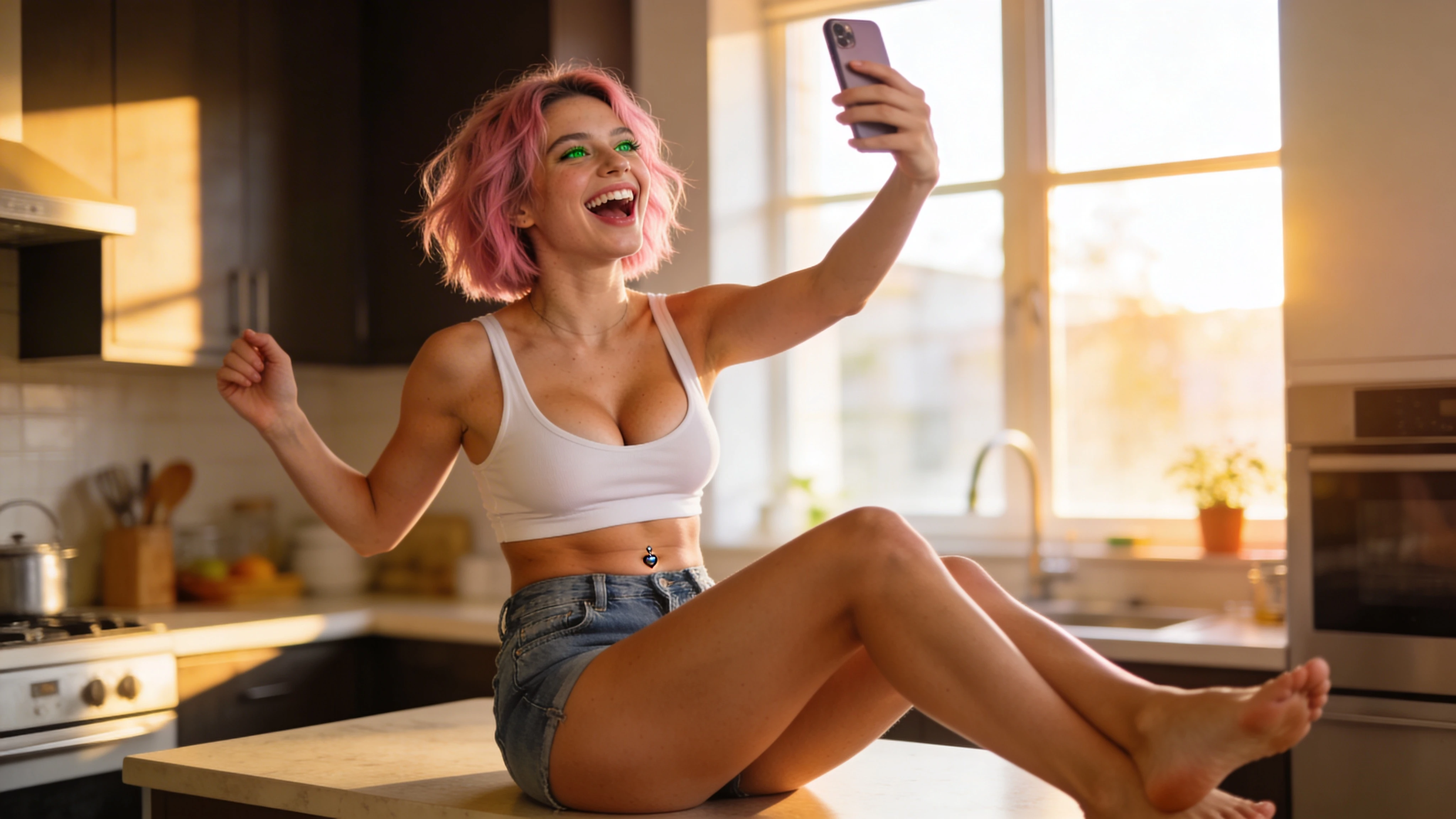 Playful attractive woman laughing while texting on her phone in a sunny kitchen