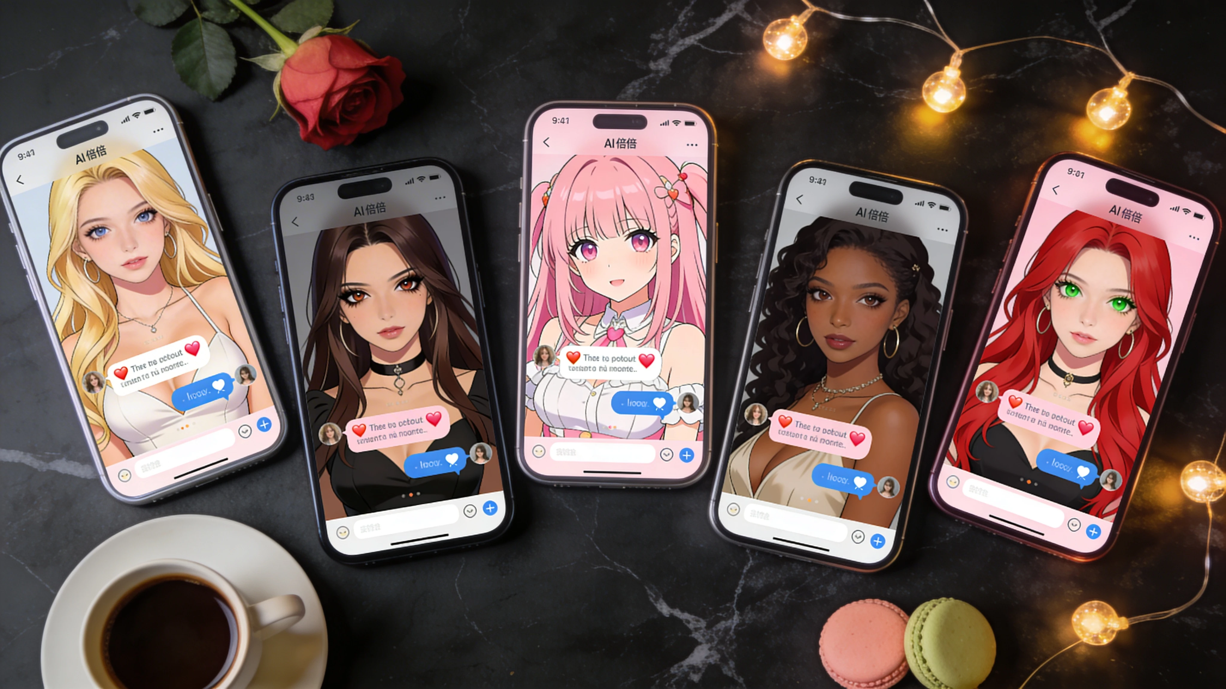 Multiple phone screens showing different AI companion platforms and beautiful avatar faces