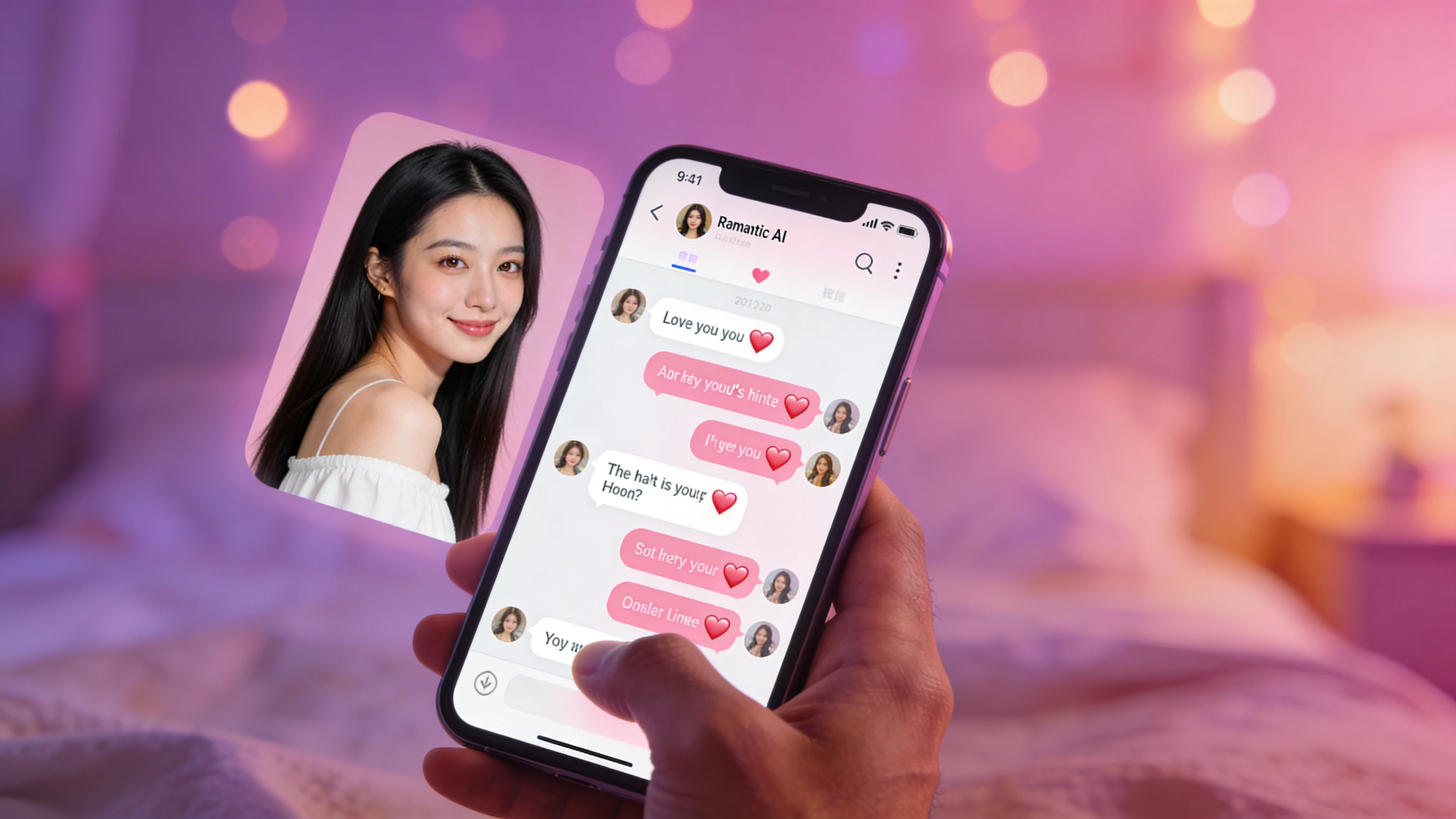 Beautiful AI girlfriend character on a phone screen with chat interface showing romantic conversation