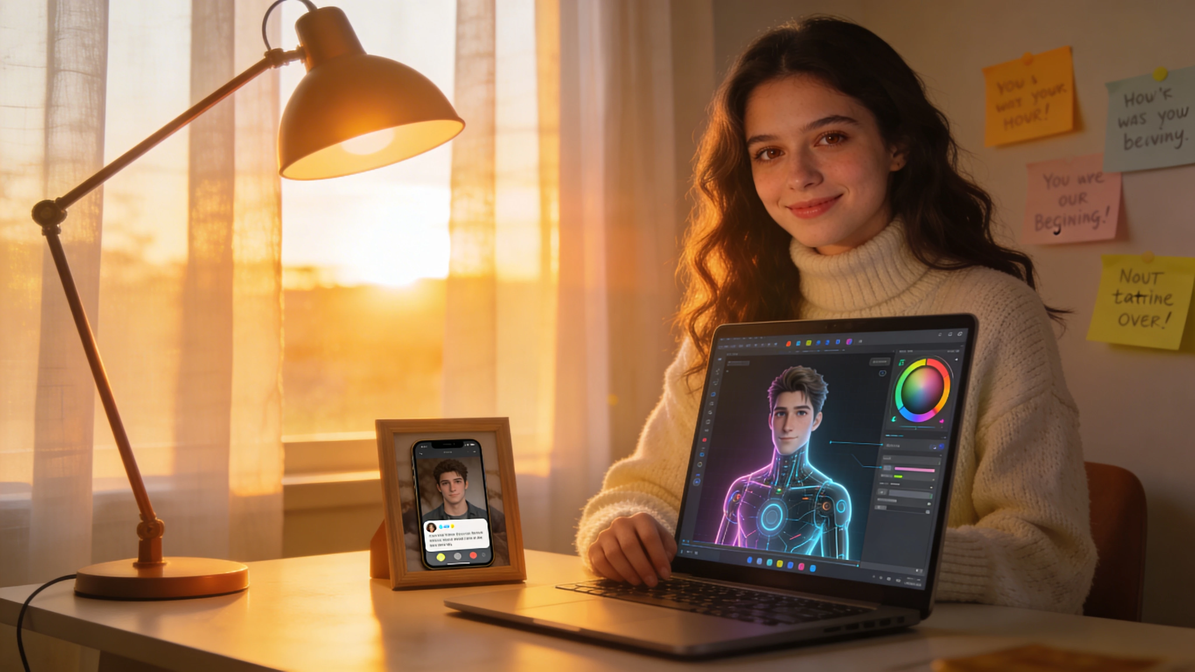 Hopeful woman at her desk creating a new AI companion on a dedicated platform after losing her ChatGPT partner