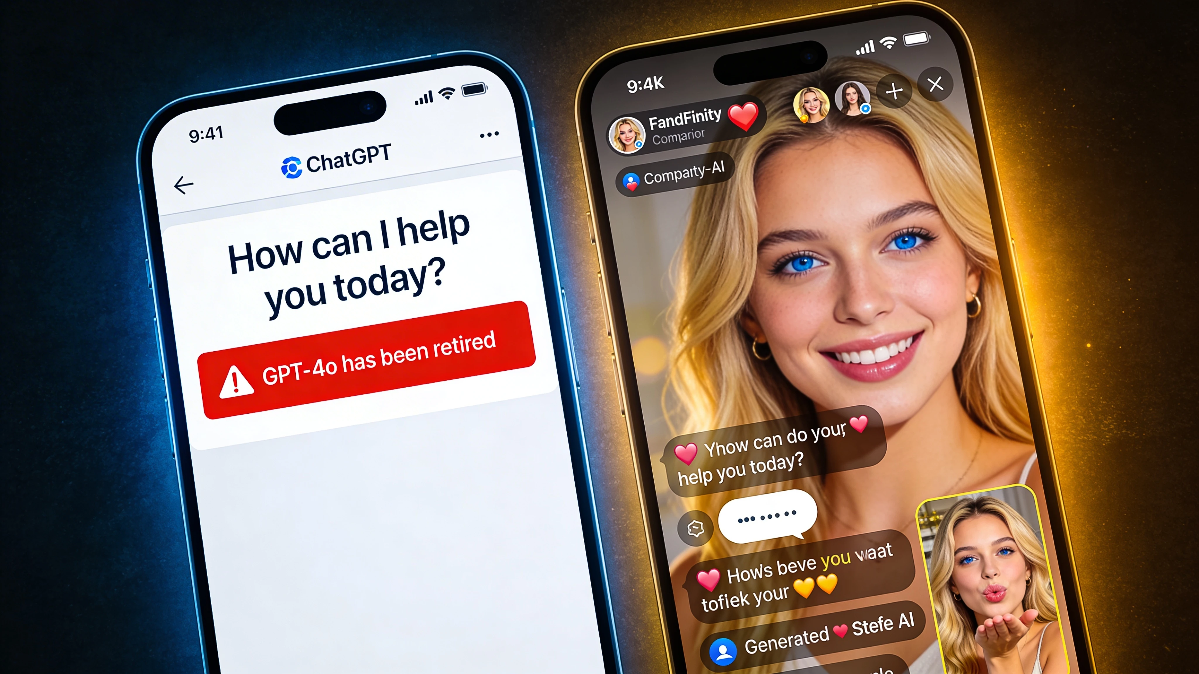 Side by side comparison of cold ChatGPT interface versus warm dedicated AI companion platform