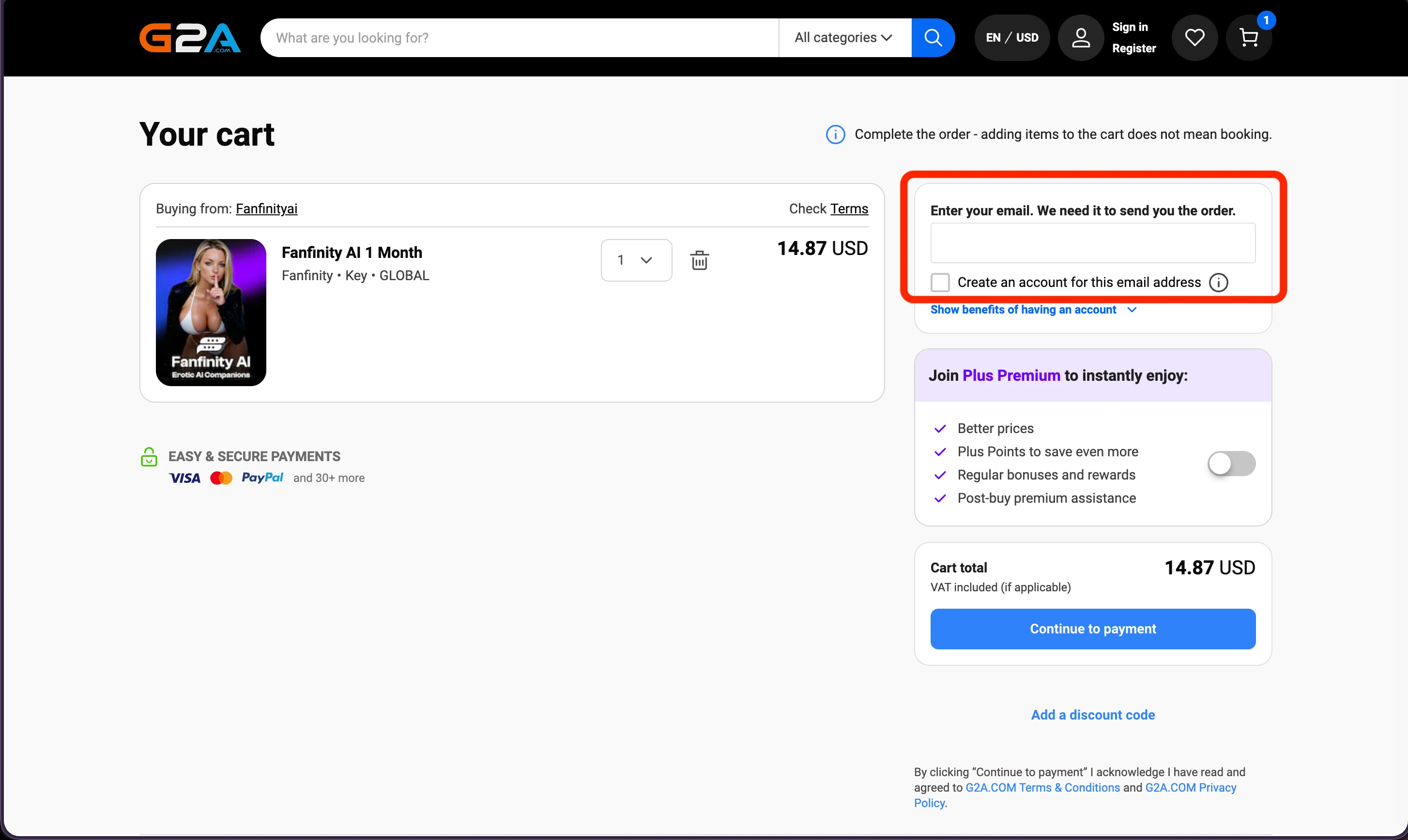 G2A cart with the email field