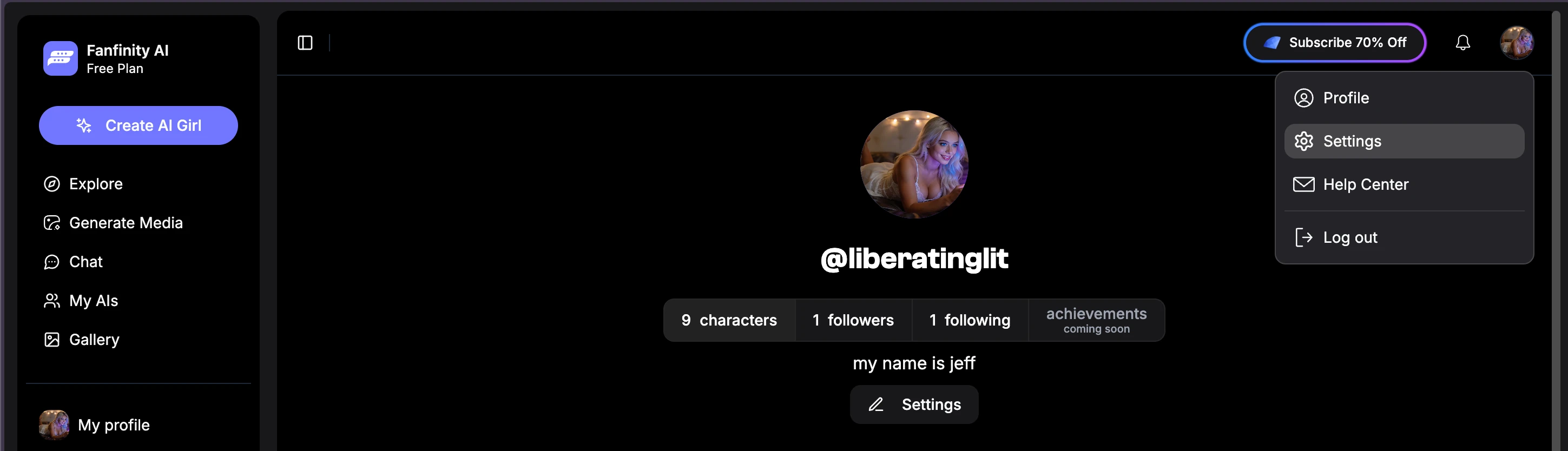 Fanfinity profile menu with Settings
