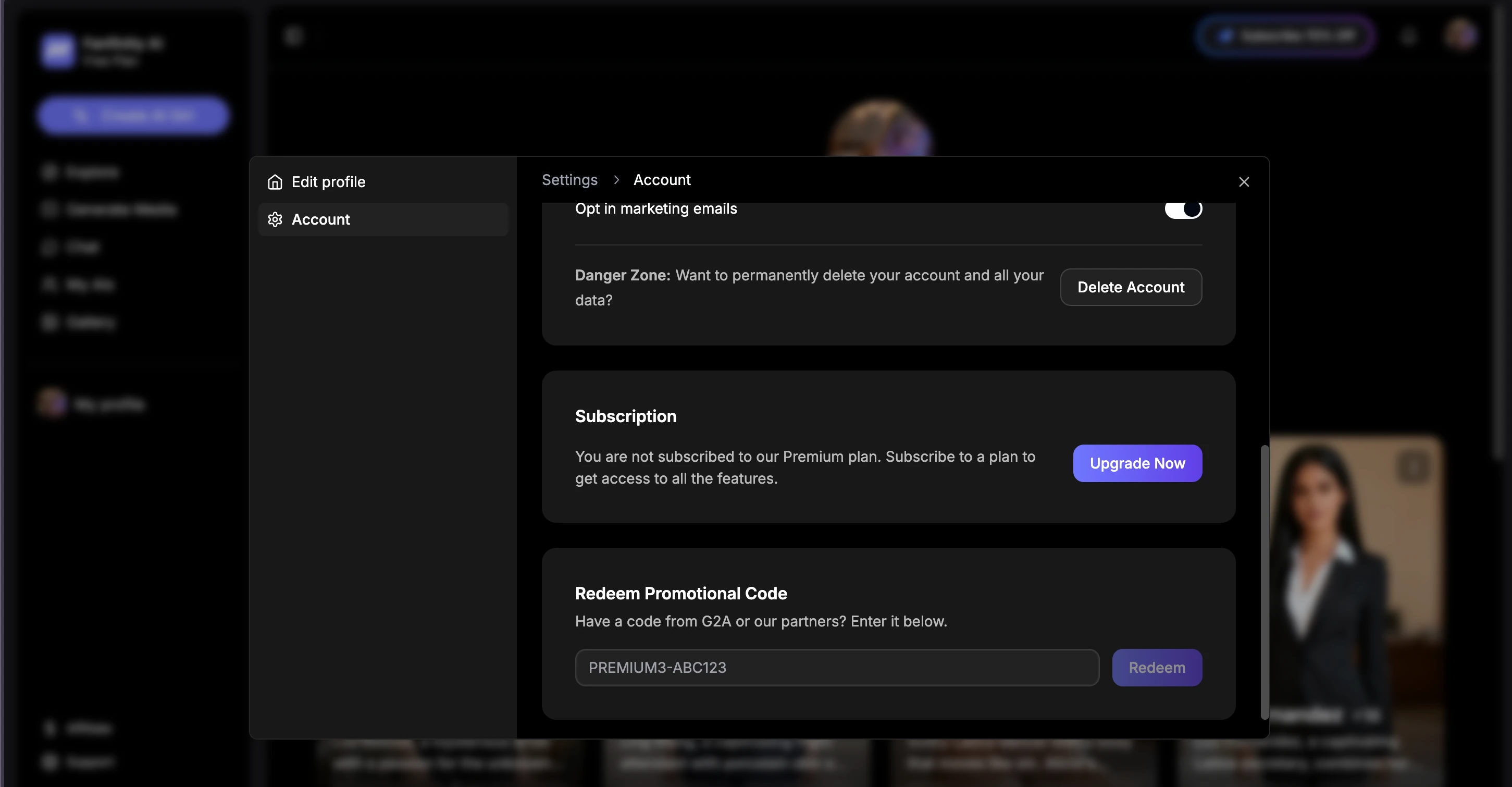 Redeem Promotional Code field in Fanfinity settings