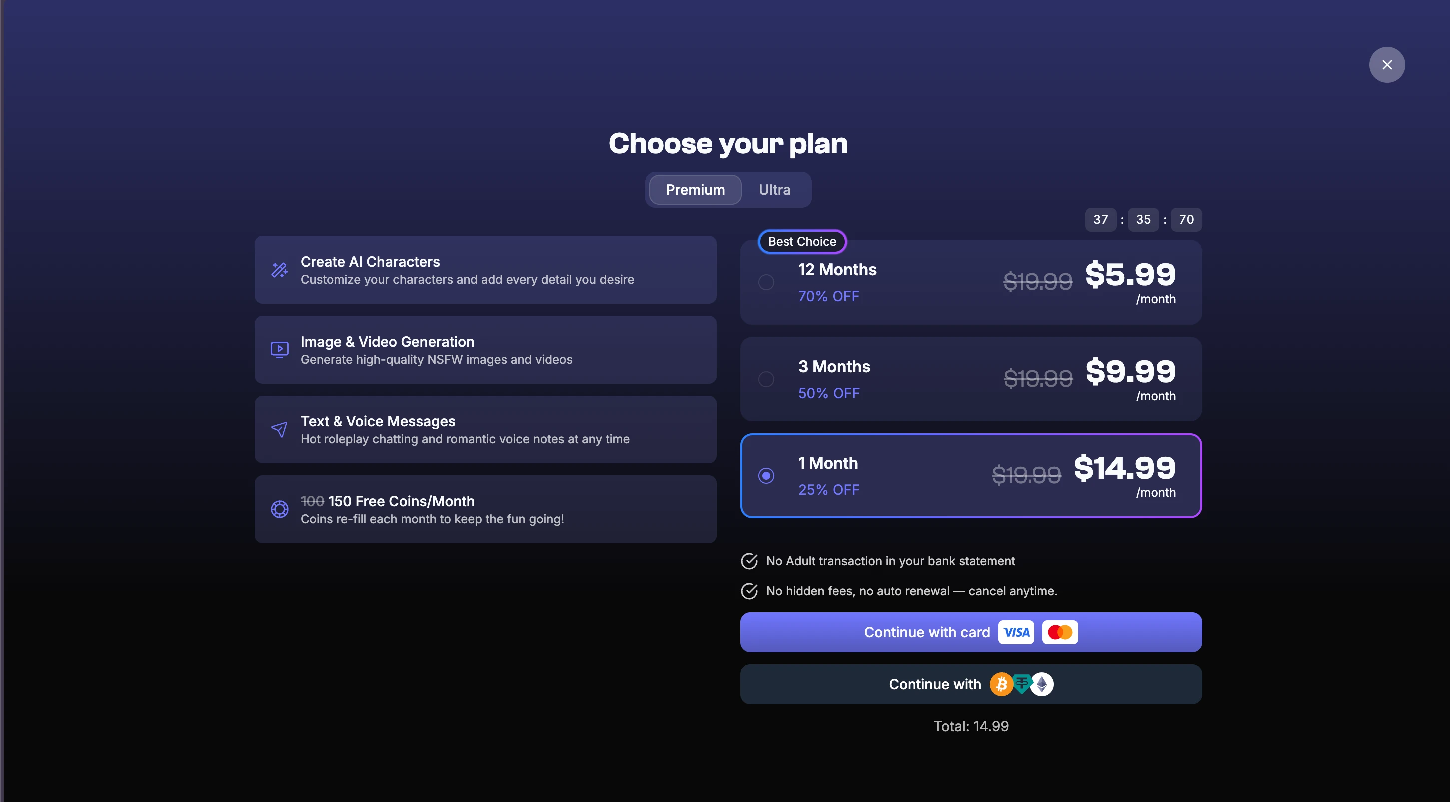 Choosing a plan on the Fanfinity subscribe screen