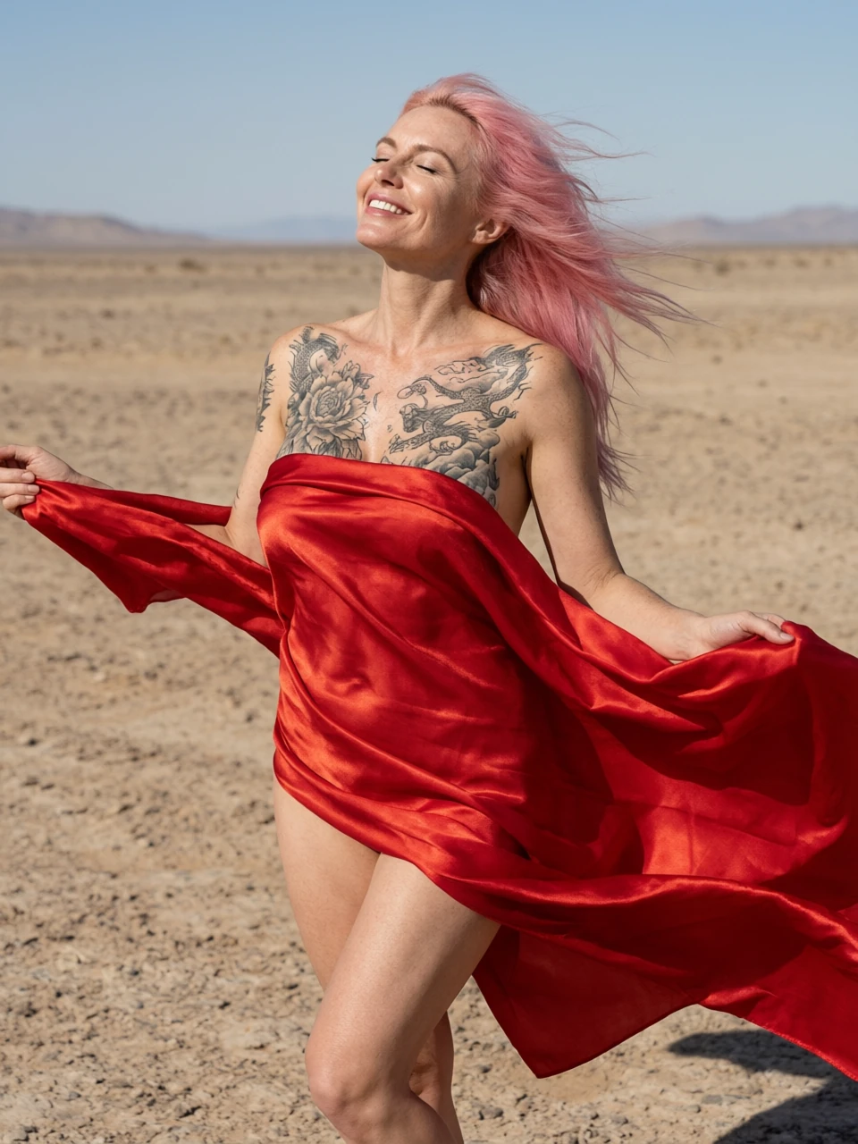 Red silk and desert wind. I let the fabric slip just enough